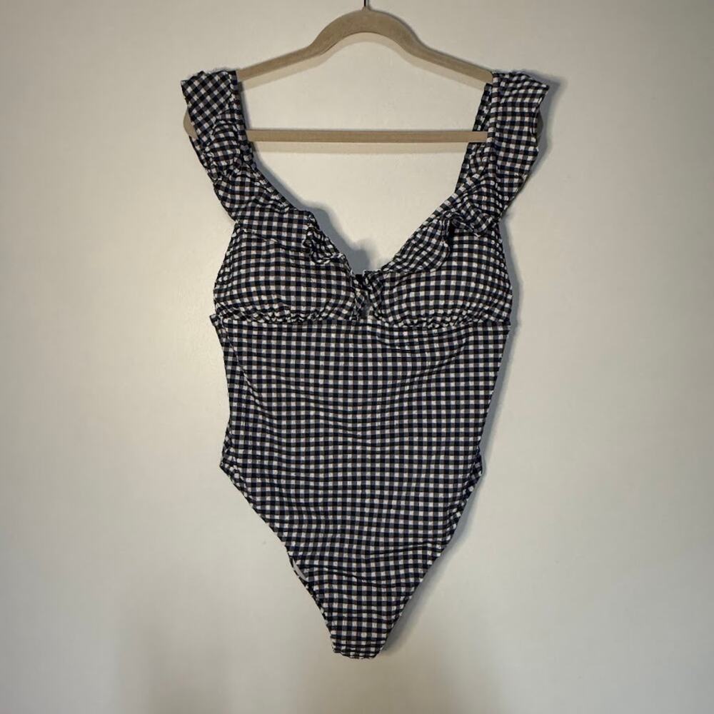 J. CREW Deep V Ruched Ruffle Gingham One-Piece Preppy Swim Suit Size 14 Blue